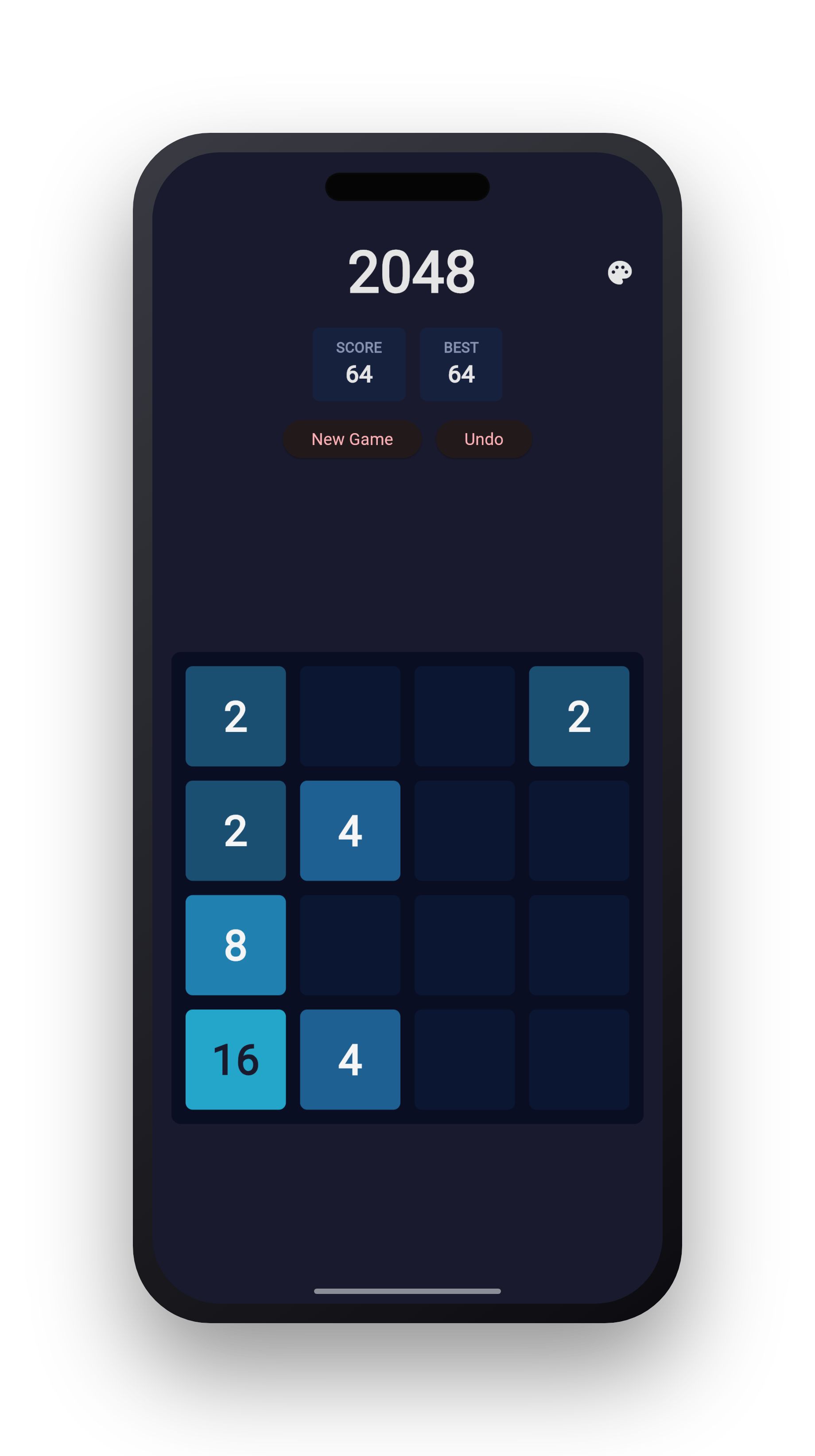 2048 on iPhone — Midnight theme